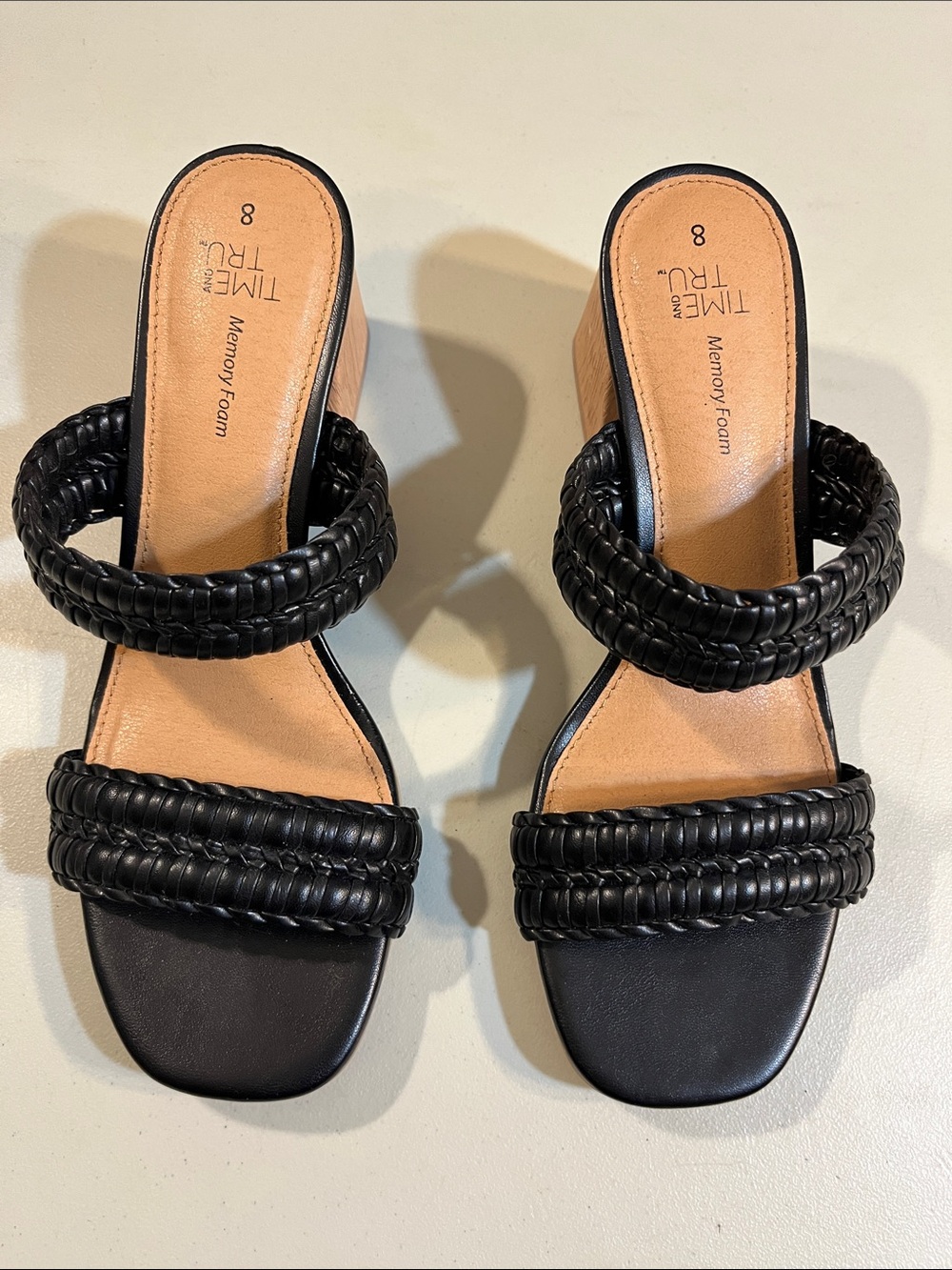 Time and Tru Black Braided Double-Strap Slide Heels - Women's